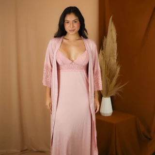 Camisola sexy rosa com robe e renda: visual elegante e confortável